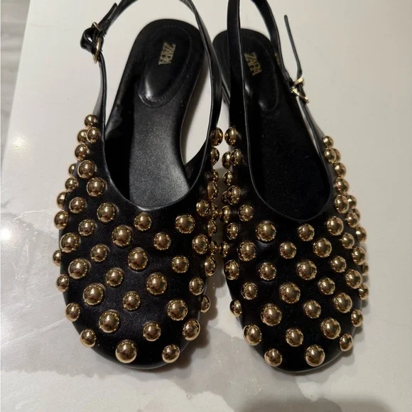 Zara Black and Gold Studded Flats - Picture 1 of 3
